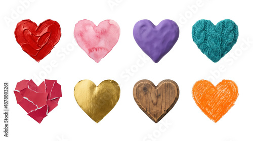 Heart shape set including painted, watercolor, clay, knitted, paper, gold, wood, and crayon textures isolated. Symbols for valentines day and love.