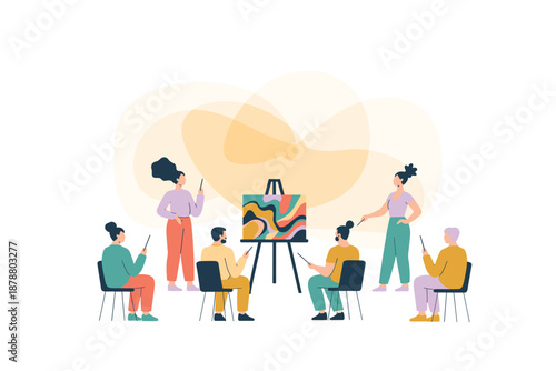 A group of people painting together in a collaborative art class with an easel and canvas