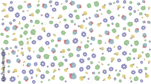 Subtle light pastel seamless pattern with idea lightbulbs, communication speech bubbles, and gears