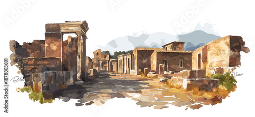 Pompeii Ruins. Pompeii Ruins watercolor vector illustration