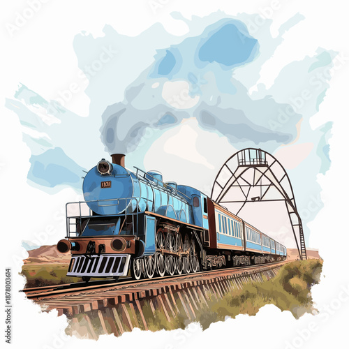 Train to the Clouds. Train to the Clouds hand drawn watercolor illustration
