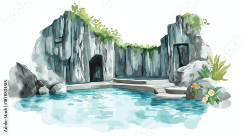The Baths in Virgin Gorda. The Baths in Virgin Gorda hand drawn watercolor illustration
