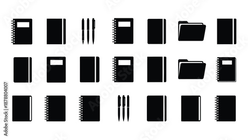 Assorted black office supplies arranged in rows showcasing notebooks folders and pens for organization on white background