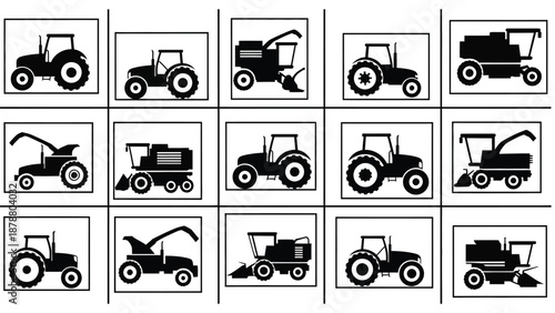 Various farm tractors and combine harvesters presented as vector icons for agricultural equipment usage on white background
