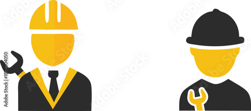 ICONS Two stylized worker icons with wrenches representing construction or repair services isolated on white background