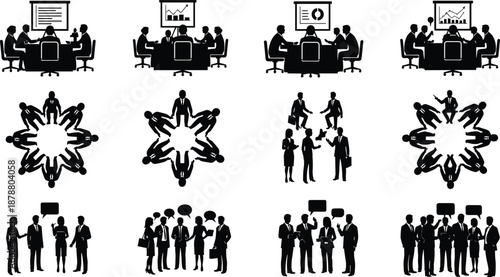 Business teamwork and meeting silhouettes set isolated on white background corporate collaboration discussion presentation leadership people icons