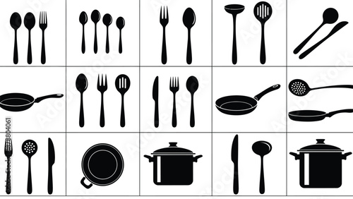 Various kitchen utensils neatly arranged showcasing cooking and dining concepts for culinary creativity and meal on white background