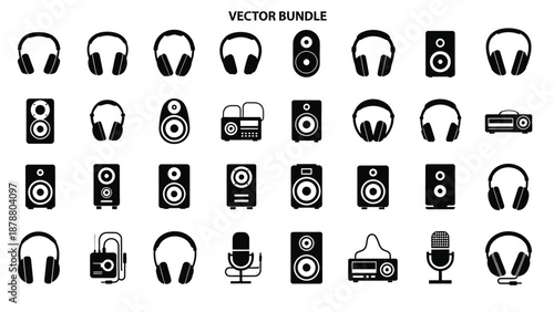 Headphones and speakers vector bundle offering audio equipment for sound listening experience and music on white background