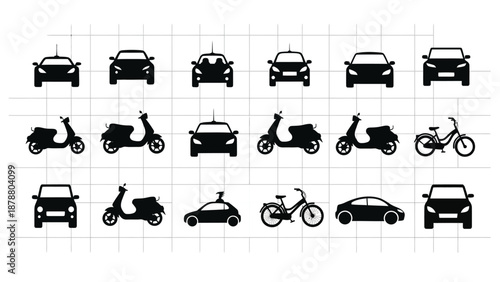 Various transportation methods arranged in a grid pattern showcasing mobility and urban commuting solutions on white background