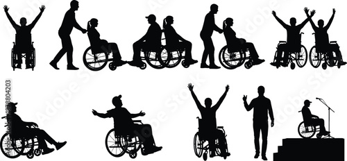 Disabled people in wheelchair silhouette collection isolated on white background accessibility support independence motivation lifestyle illustration concept