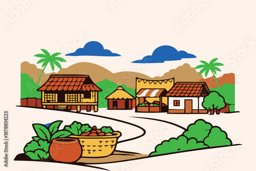 traditional village scene with food baskets and houses