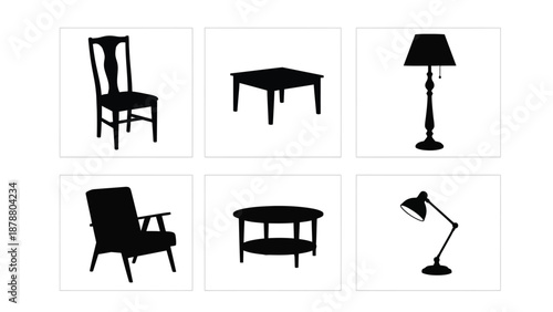 Collection of furniture silhouettes showcases living room and office decor elements for interior design projects on white background