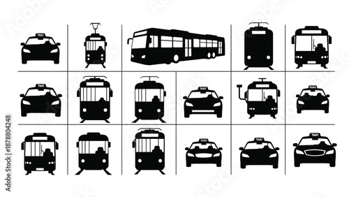 Various black silhouette illustrations of city transportation vehicles representing urban transport and mobility on white background