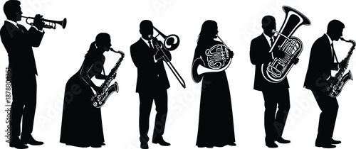 Classical brass and jazz musicians silhouette ensemble isolated on white background orchestra concert performance music illustration concept