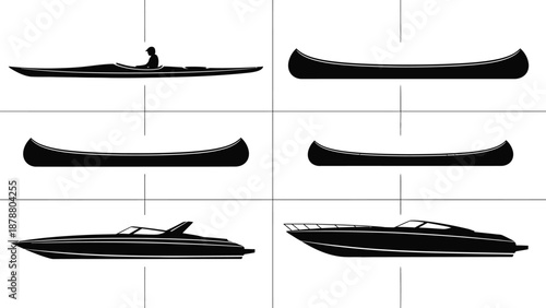 Various watercraft silhouettes show recreational boating options for leisure and transportation activities on white background