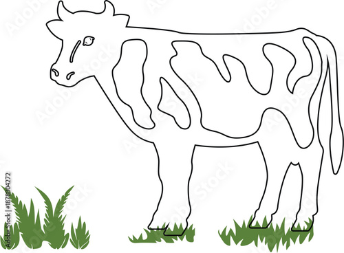 ICONS Outline of a spotted cow standing in green grass simple vector illustration for farm or livestock concepts isolated on white