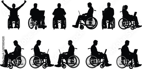 Disabled people working on laptop in wheelchair silhouette collection isolated on white background accessibility technology independence illustration concept