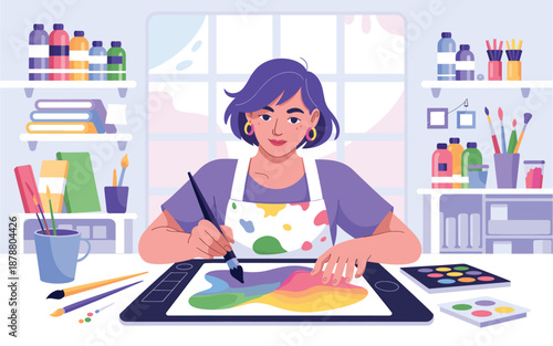 A woman creates colorful artwork using a digital drawing tablet in her studio