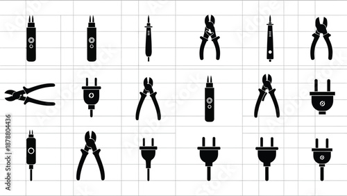 Various electrical tools and plugs arranged in rows for repair and maintenance use in a technical context on white background