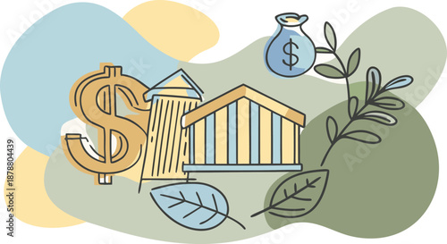 Financial growth and sustainable investment concept represented by currency and nature elements isolated on transparent background, Vector