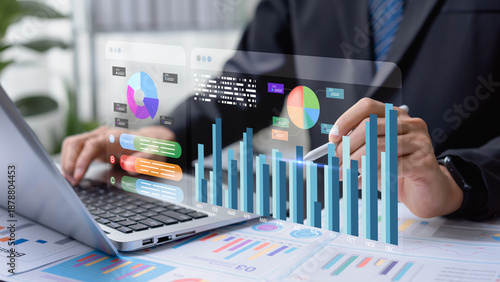 Data analysis is conducted using digital charts and financial dashboards, visualizing stock market performance metrics to express insights for marketing projects, strategy smart business.