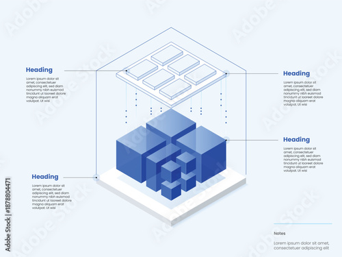 Isometric technology infographic. Modular 4 step blocks, cloud computing layers and data flow connections. Four Blockchain cybersecurity, software architecture, digital transformation. DeFi platform