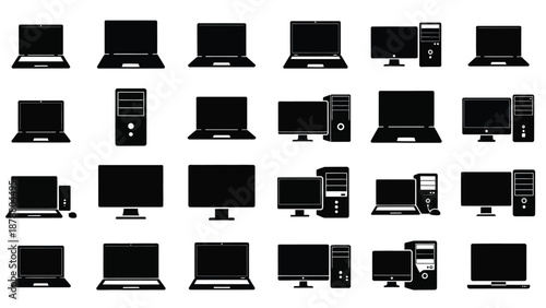 Array of desktop computers and laptops in black silhouette for business and technology needs on white background