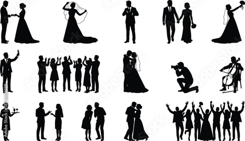 Wedding silhouettes set showing bride groom guests celebrating ceremony dancing kissing photography music and party moments isolated on white background romantic event illustration collection