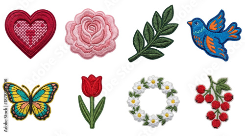 Embroidered patch set including heart, rose, leaf, bird, butterfly, tulip, daisy wreath, and berry branch motifs isolated. Craft and textile decoration collection.