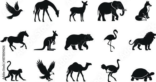 Wild animal silhouette collection featuring birds and mammals isolated on white background ideal for wildlife design, nature icons, education, zoo branding projects