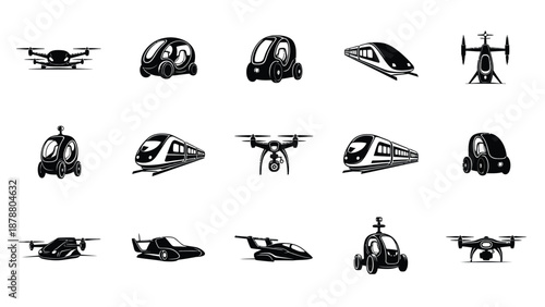 Futuristic transportation vector icons showing innovative travel solutions and modern commuting options for city on white background