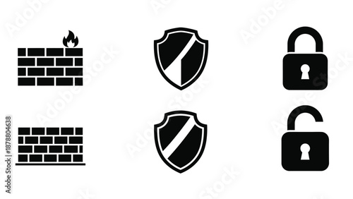 Firewall security icons depicting network protection encryption and data access for online safety and privacy on white background