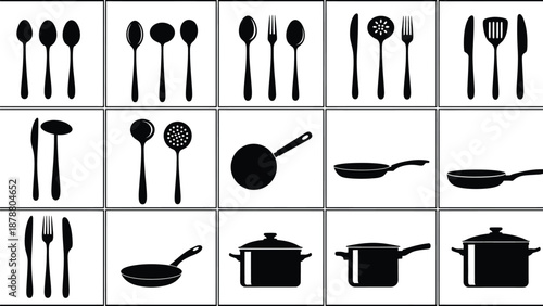 Kitchenware silhouettes collection cooking utensils and equipment for food preparation and serving culinary art on white background