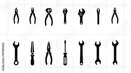 Assortment of black silhouette hand tools arranged in rows for repair and construction work on white background