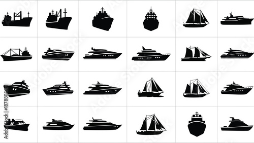 Various boat silhouettes including sailboats yachts and cargo ships for transport and leisure activities on white background