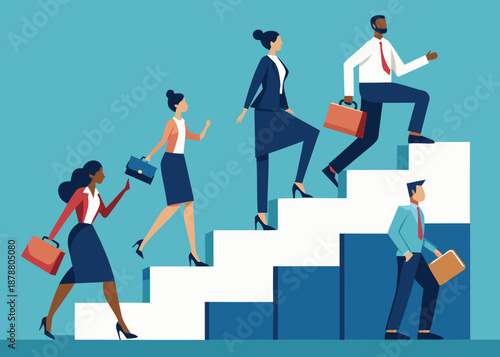 Diverse business professionals climbing success staircase