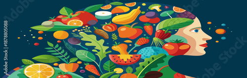 Vibrant illustration of a woman's head filled with colorful fruits and vegetables