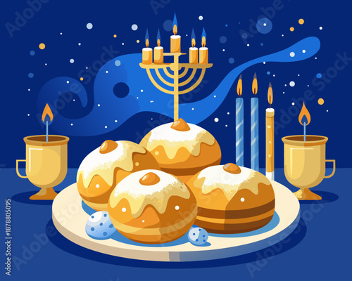 Traditional Hanukkah celebration with sufganiyot and menorah