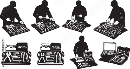 Silhouettes of DJs working at turntables and laptops illustration