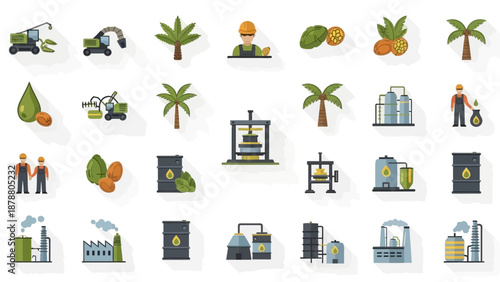 Flat design icons illustrating the entire palm oil production process, from harvesting palm trees and fruits to industrial processing and storage.