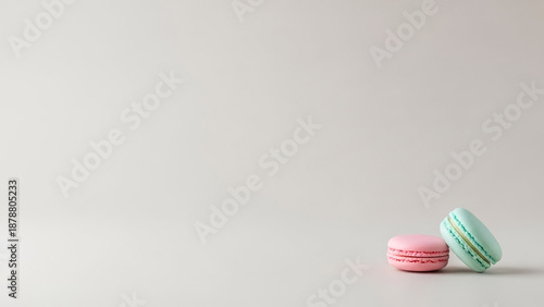 Very Simple Dessert Background with Small Macaron in Corner – Large Empty Neutral Space, Flat Clean Lighting, Extremely Minimal Composition