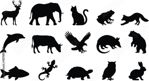 Wild animal silhouette collection featuring mammals birds reptiles and fish icons isolated on white background flat black vector illustration set wildlife nature design