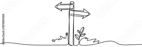 Wooden Signpost continuous line drawing with two blank directional arrows pointing outward, minimalist black outline on white background.