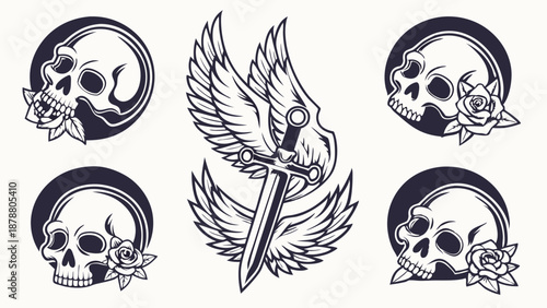 Gothic Tattoo Flash Set Skulls Roses Sword Wings Vector Graphics for Apparel Design and Merchandise