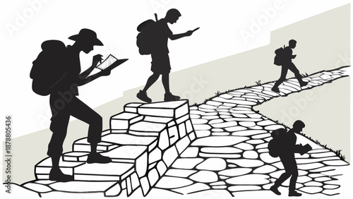 Hikers Navigating Stone Path and Stairs Using GPS Devices for Outdoor Adventure Travel Planning and Success