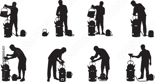Silhouette of a man working with various tools equipment