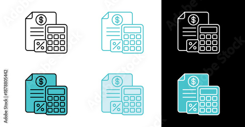 Money calculation document and calculator icon for financial planning in line and fill style