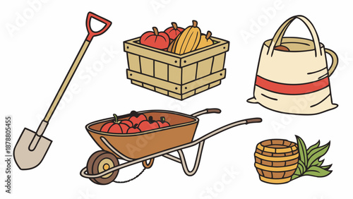 Harvest Season Farm Tools and Produce for Autumn Gardening Web Design and Seasonal Food Marketing Projects
