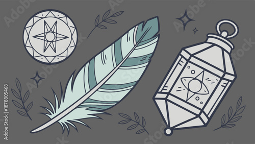Mystical Feather Lantern Compass Design for Esoteric Spiritual Occult Branding Packaging Web Graphics