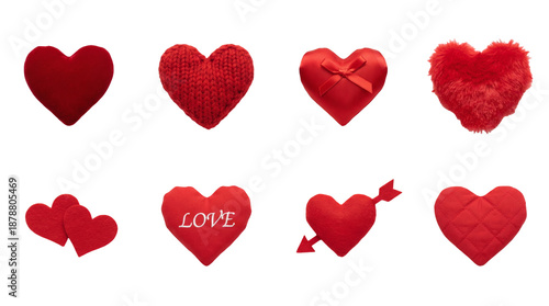 Red heart set including velvet, knitted, satin, plush, felt, and quilted textures isolated. Valentines day and romantic love collection.